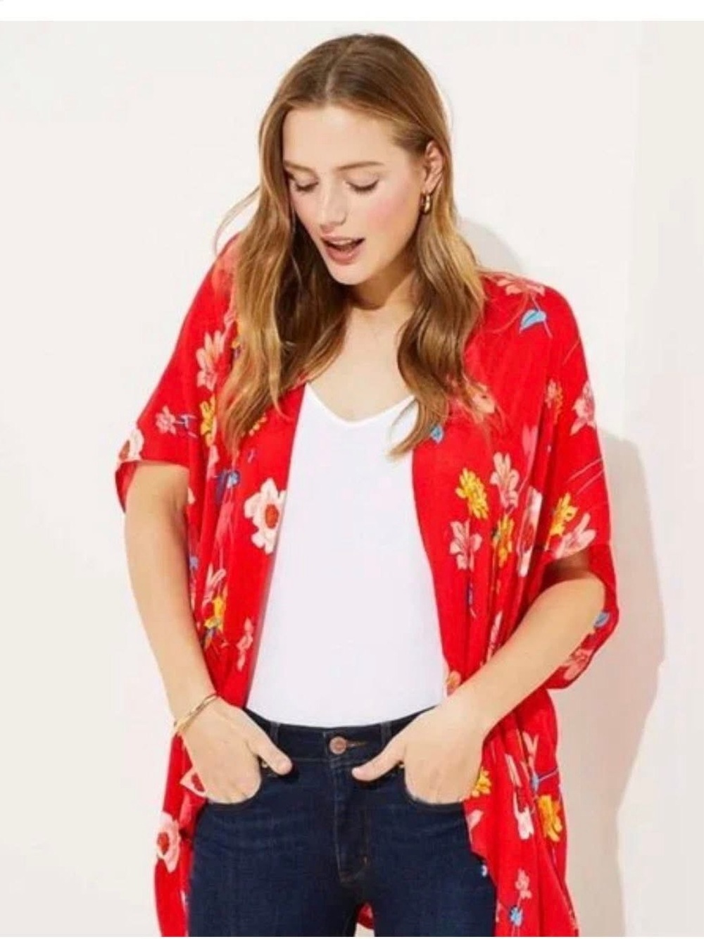 LOFT Red Floral Open-Front Kimono